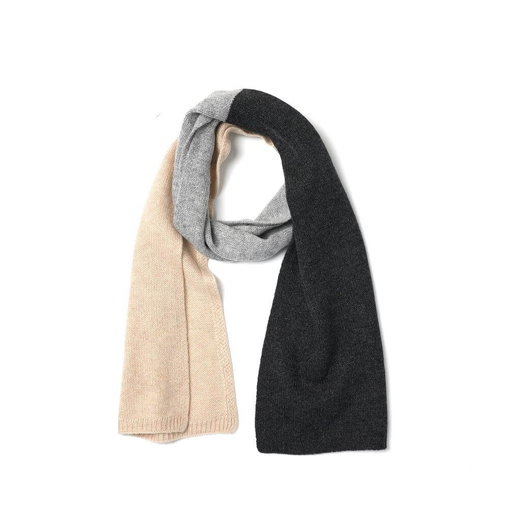 Three colors 100% cashmere scarves in black, gray, and beige on a white background for women