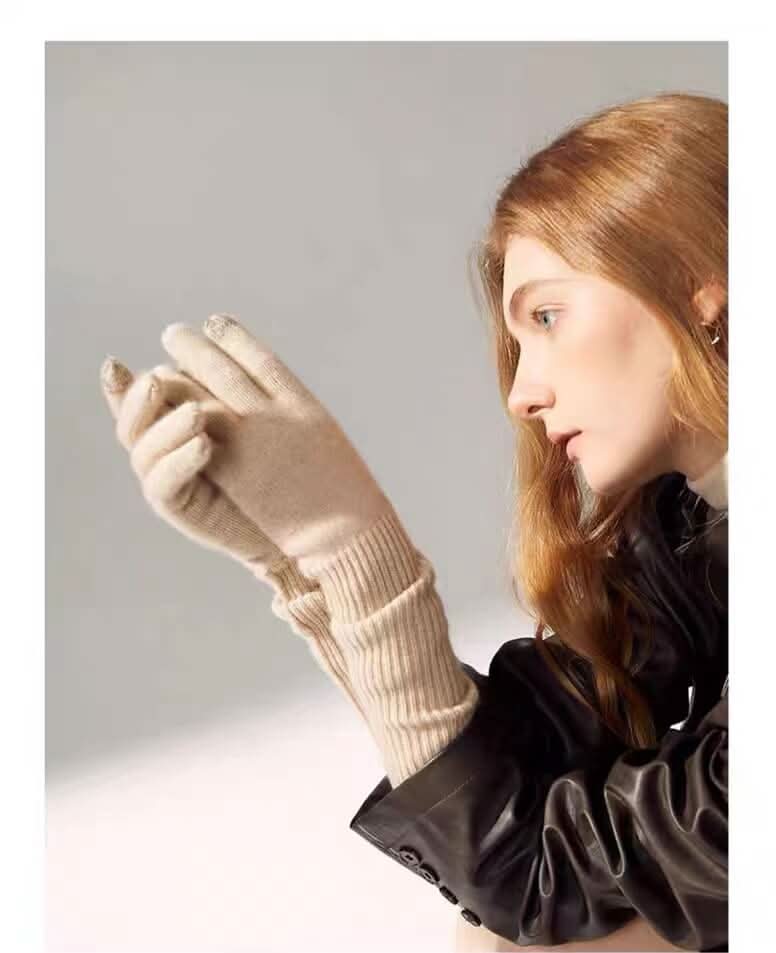 Women’s 100% Pure Cashmere Long Fingerless Gloves – Classic Undyed Oatmeal and Camel