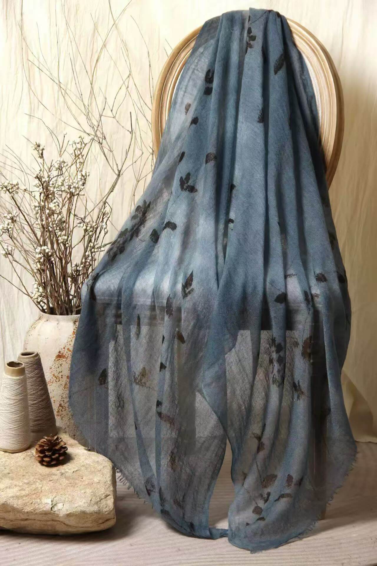 Lightweight Hand-Painted Cashmere Shawl Wrap in blue