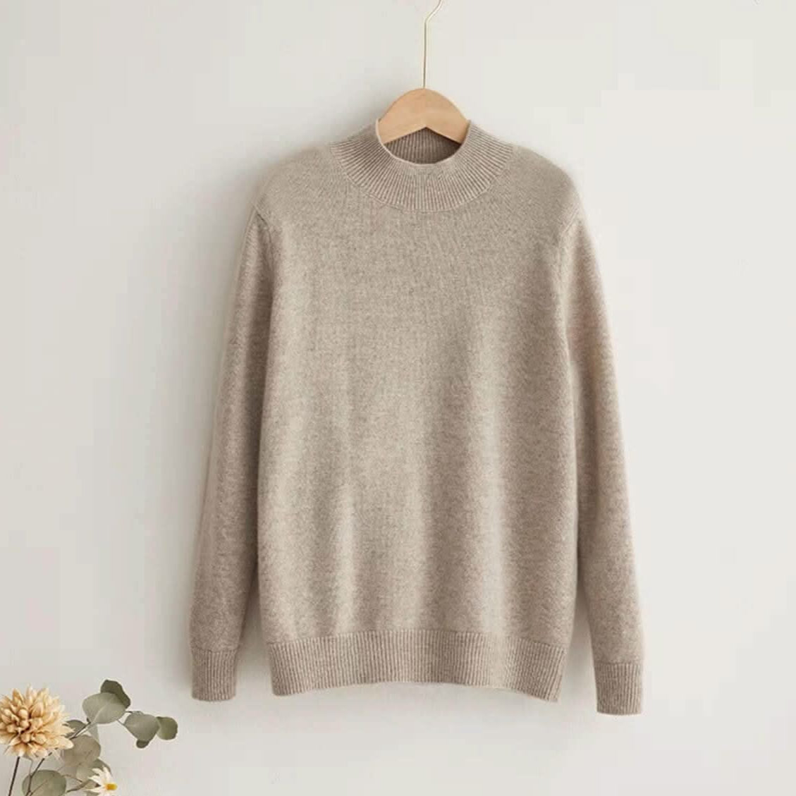 tan color women's pure Cashmere Sweater. MOCK NECK OVERSIZED SWEATER