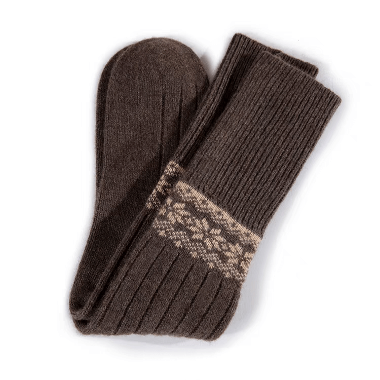 Women's jacquard cashmere mid-calf socks in chocolate brown