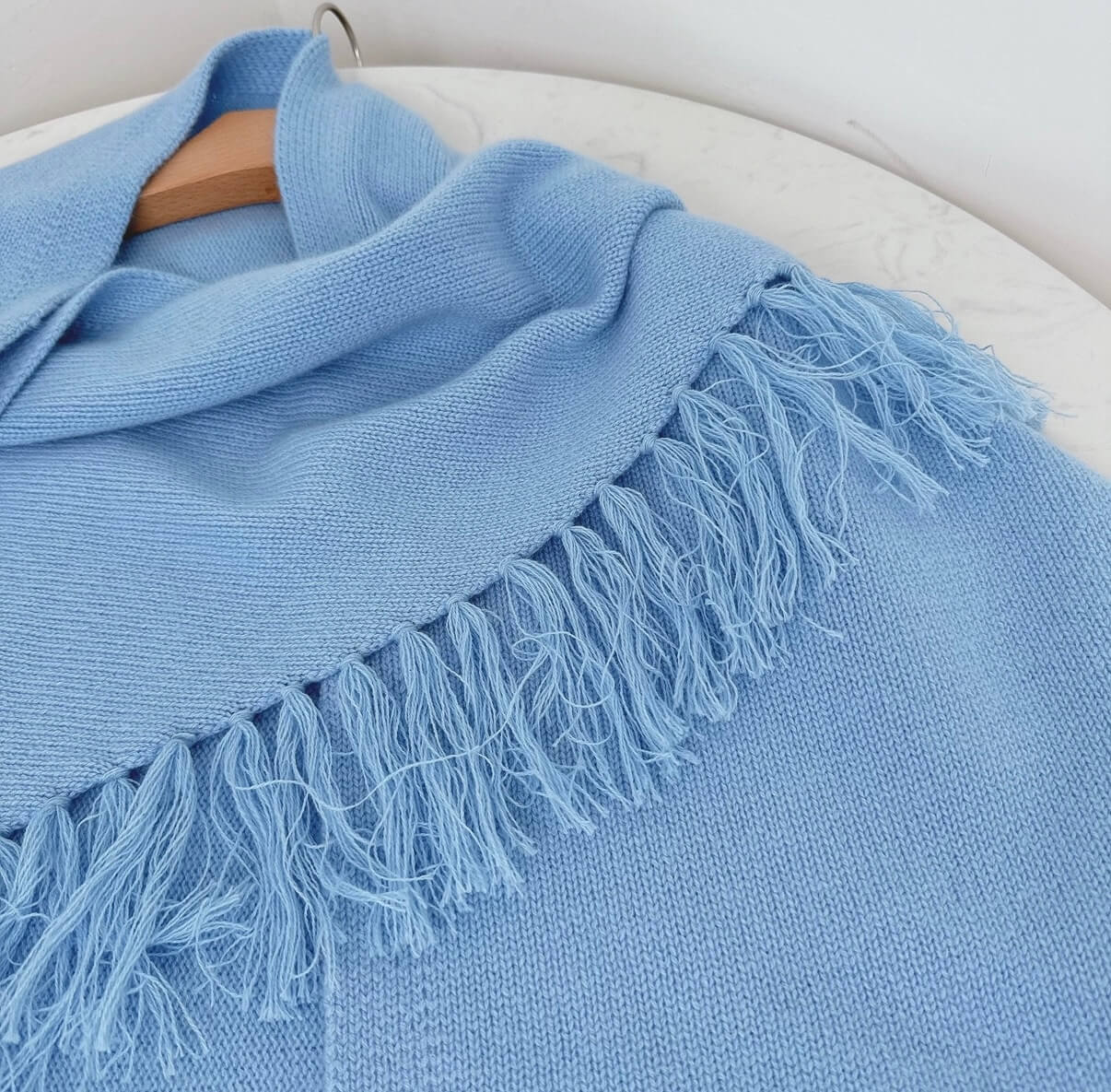 Fringe Triangle pure cashmere Scarf in baby blue