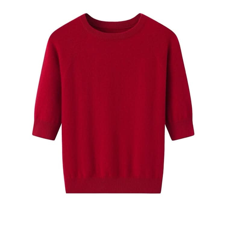 Women's cashmere crew neck T-shirt sweater in red color