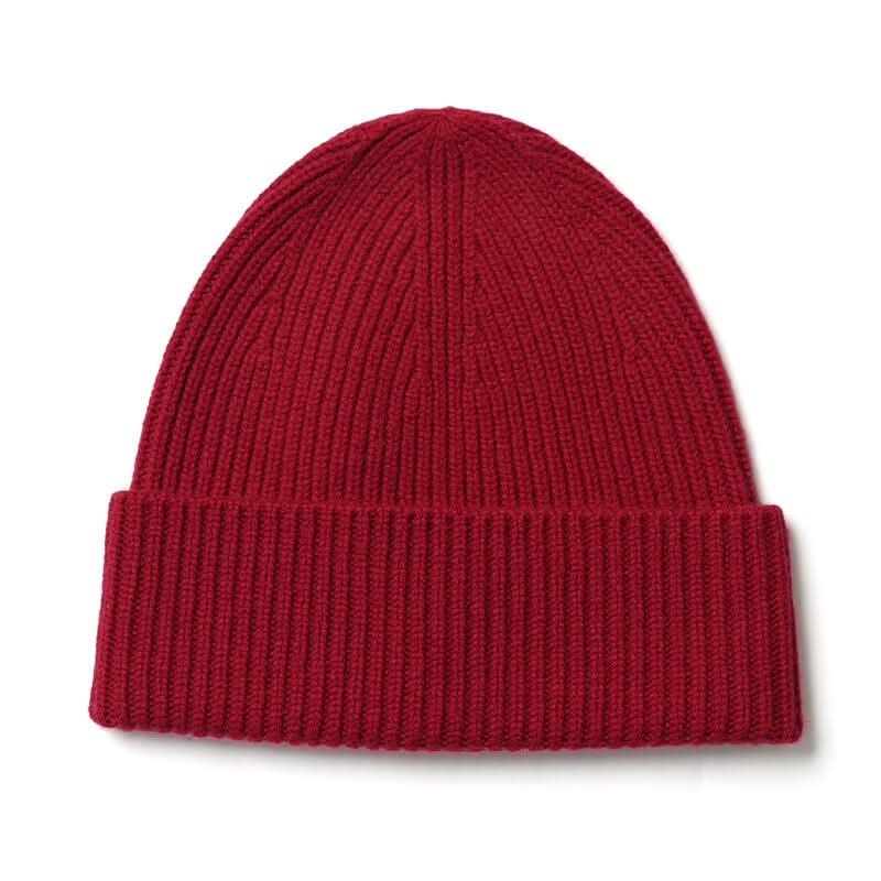 women's and men's red cashmere ribbed beanie hats in red. this red beanie is for women's cashmere hat