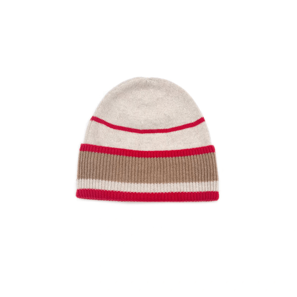 Knitted beanie with red and beige stripes Italian-Designed Colorful Knit Luxurious 100% Cashmere Beanie