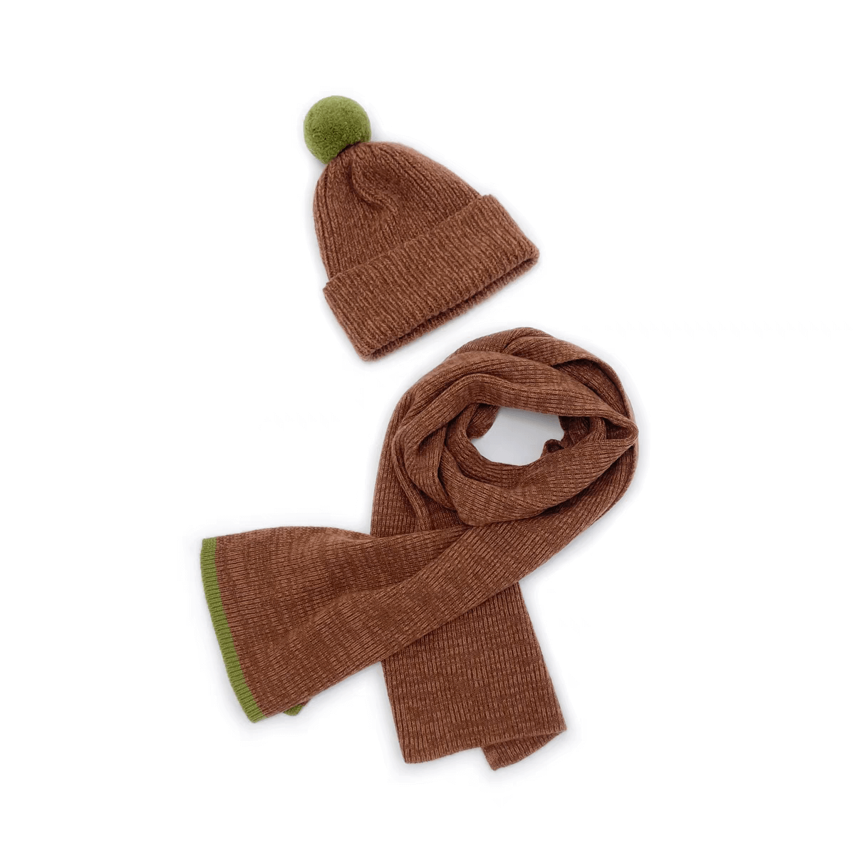 women brown cashmere ribbed scarf and beanie hat shop holiday gift set on sale,luxury cashmere winter set, cashmere hat with pom pom, cashmere scarf with contrast trim
