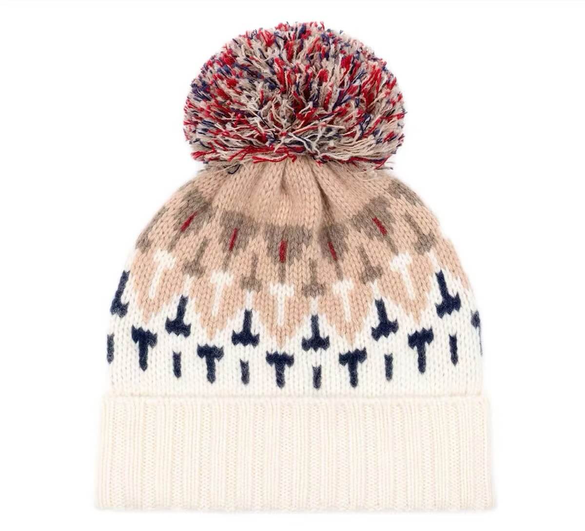 Women's cashmere beanie pom pom hats in beige color