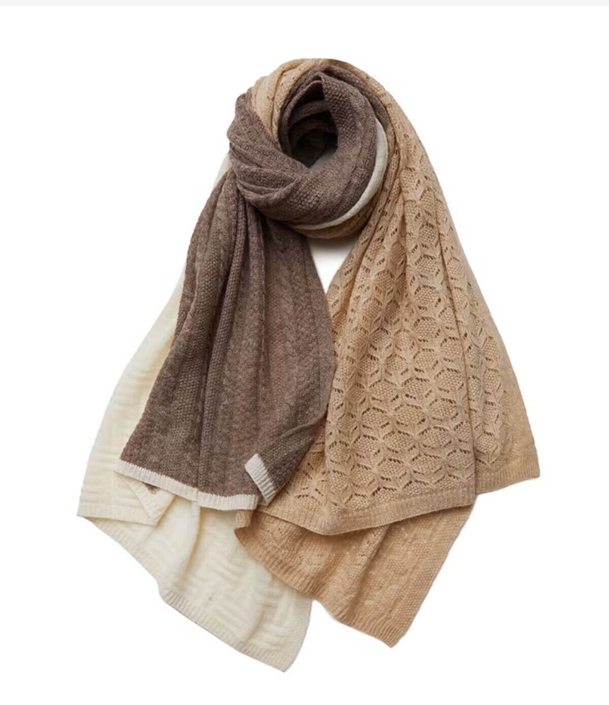 Model wearing an oversized 170cm scarf wrap styled as a shawl, featuring grey-beige-navy color block with textured knit details.