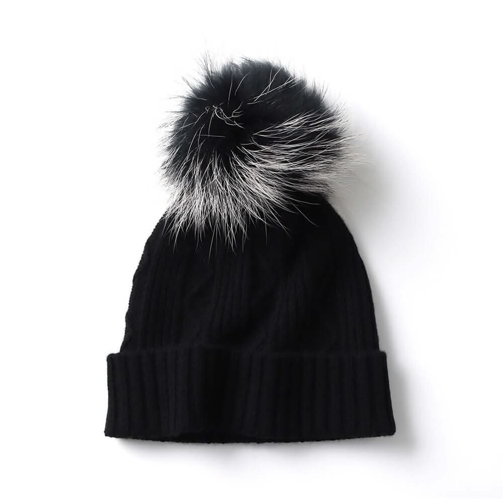 women cashmere black beanie hats with pom pom, black beanie women's