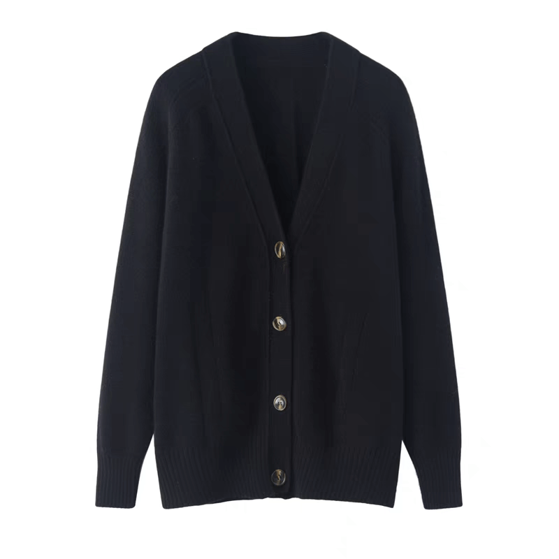 women's cashmere V neck cardigan sweater,Black women’s cashmere cardigan styled over a simple top