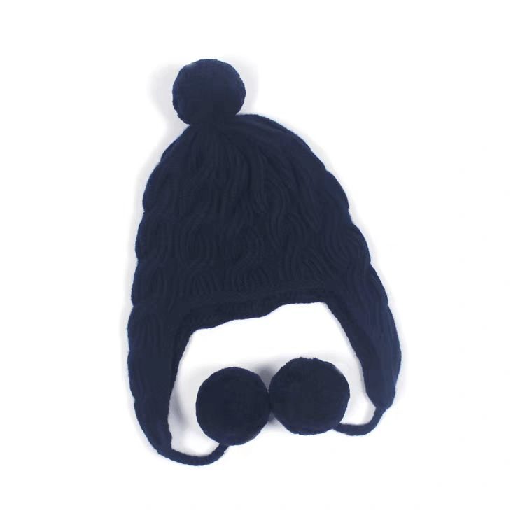 100% Cashmere Beanie for Women with pom pom in black navy color