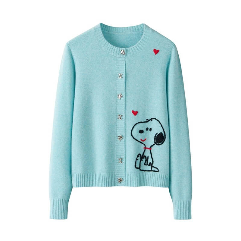 Women’s 100% Cashmere Cardigan with Artistic Metal Buttons in blue
