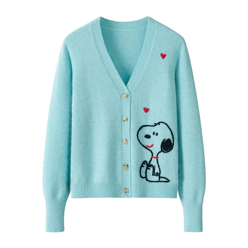 Heavyweight Women’s 100% Cashmere Cardigan with Adorable Puppy Jacquard