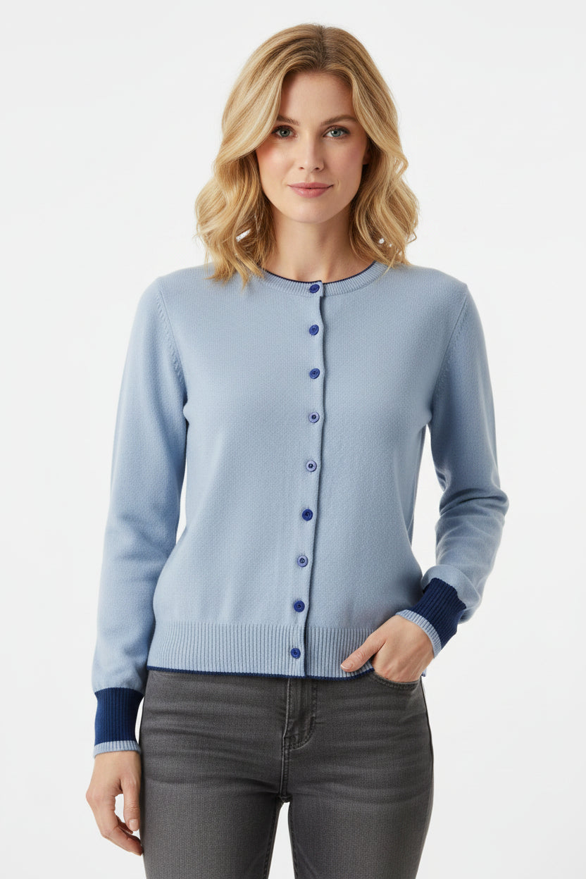 Women's 100% Cashmere Color-Block Cardigan in blue