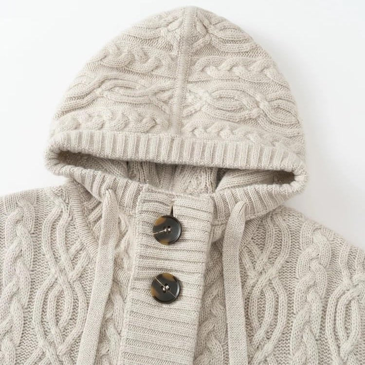 Beige cable knit 100% pure cashmere cardigan with a hood for women