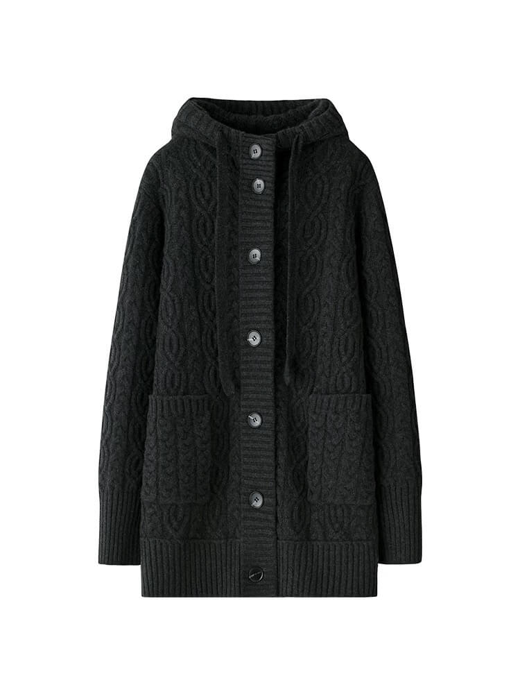 Black knitted 100% pure cashmere cardigan with a hood
