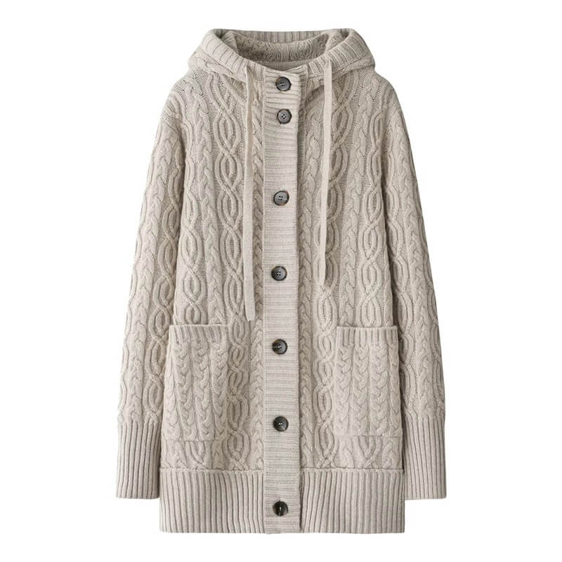 Beige cable knit 100% cashmere cardigan with buttons