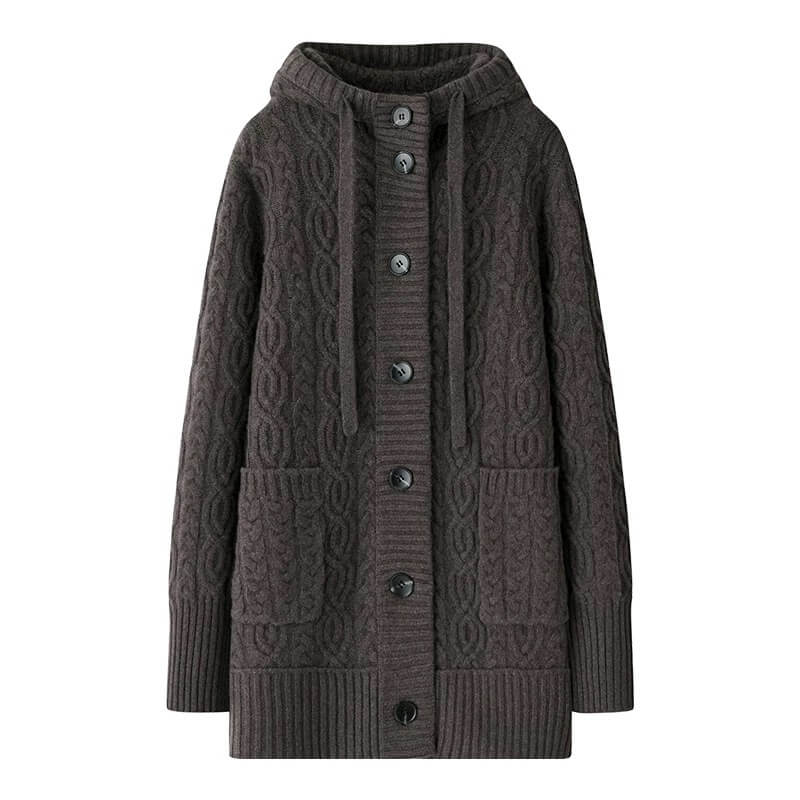 brown knitted 100% pure cashmere cardigan with a hood