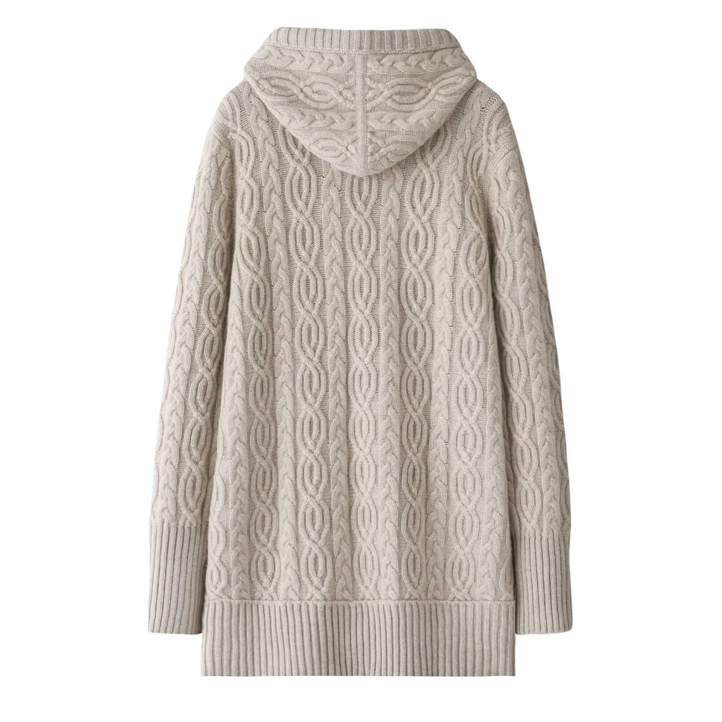 Beige cable knit 100% pure cashmere cardigan with a hood for women