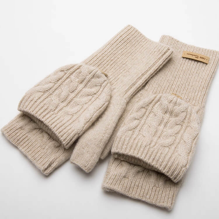 Women’s 100% Cashmere Convertible Mittens – Cable Knit Flip-Top Gloves for Winter Warmth