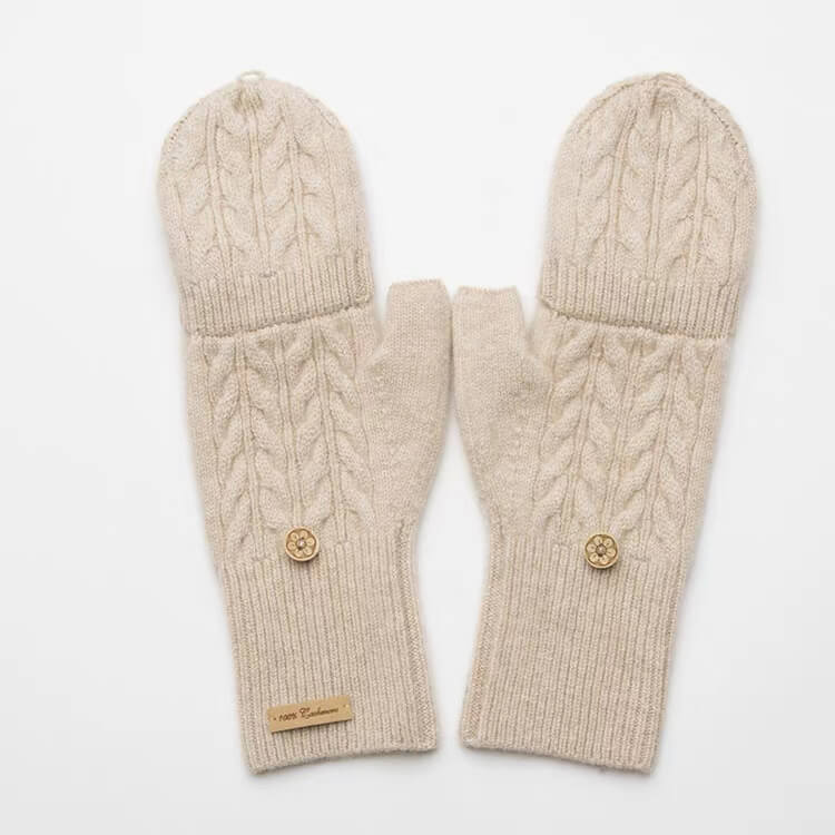 Women’s 100% Cashmere Convertible Mittens – Cable Knit Flip-Top Gloves for Winter Warmth