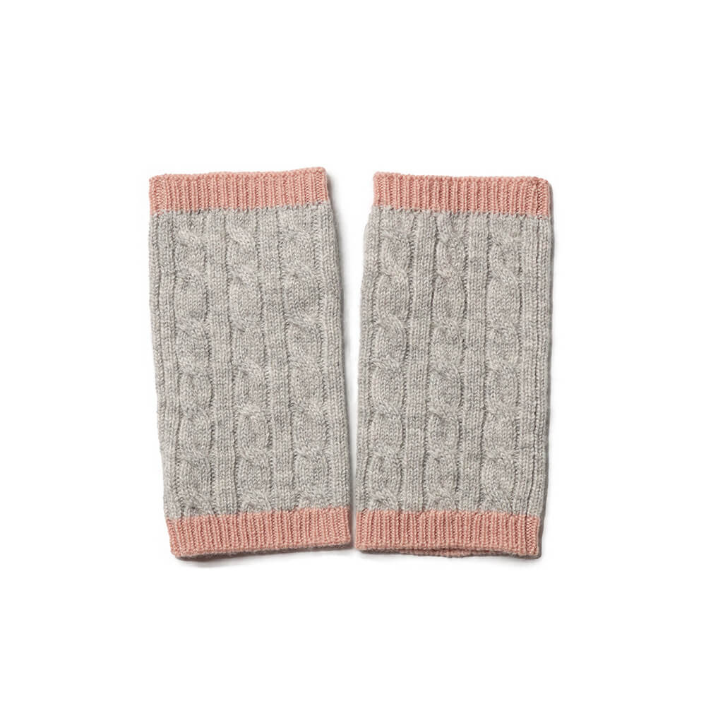 Women's Fingerless Cashmere Gloves 2 pairs in cable knitting in pink and grey