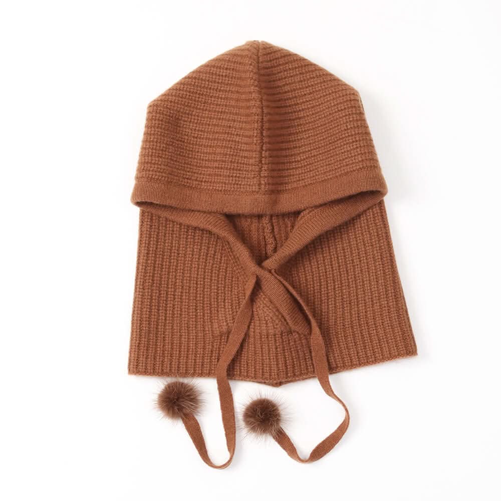 Women's cashmere ribbed Hoodied Balaclava hats in brown color