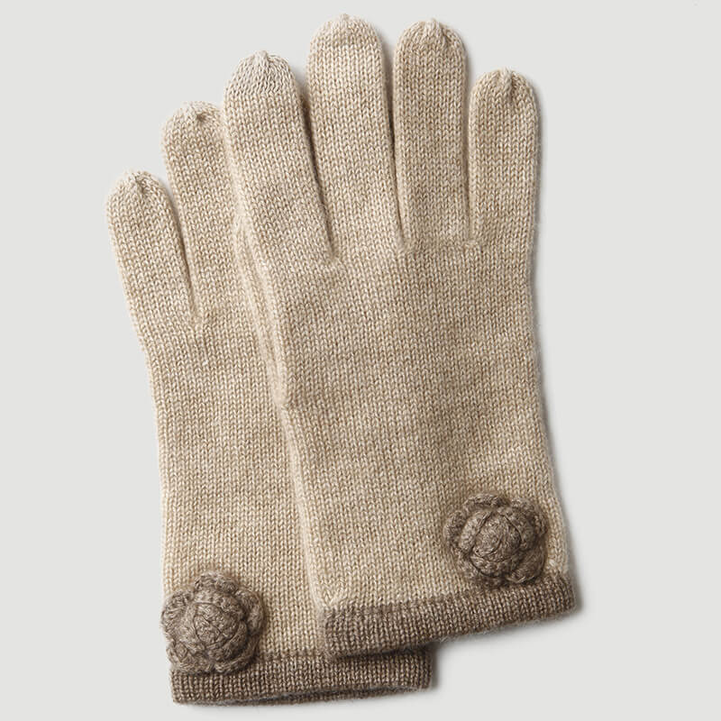 Luxurious 100% Cashmere Gloves for Women with Floral Wrist Detail in beige