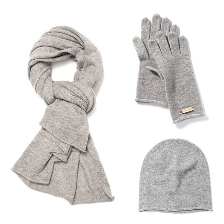 cashmere hat scarf glove sets in light grey color luxury cashmere winter accessories set, cashmere hat scarf and gloves set,Light gray cashmere knit accessories set — pure cashmere hat, scarf, and gloves for everyday elegance.