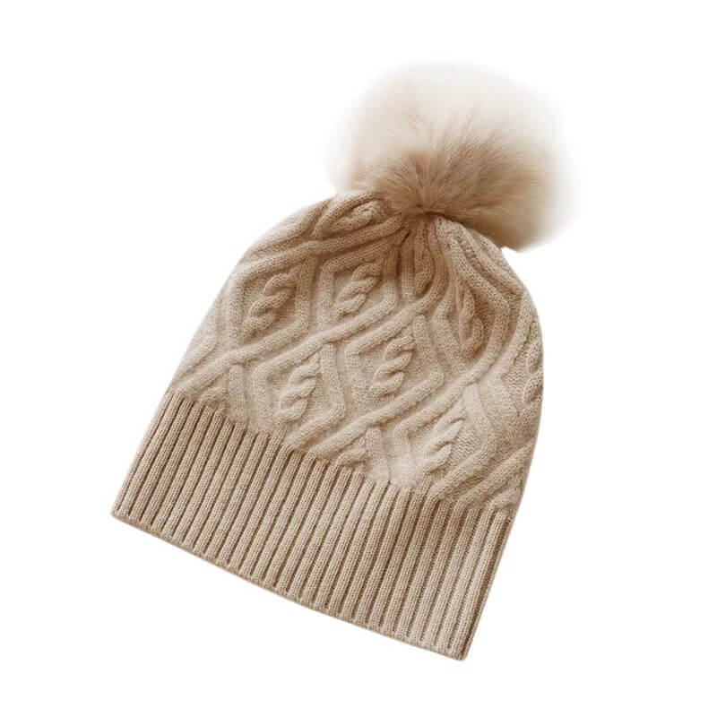 Soft warm cashmere cable knit pom pom hat
Flatlay of luxury cashmere cable knit pom pom hat