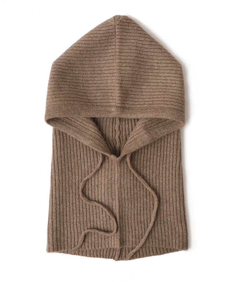 Brown knitted 100% pure cashmere hood on a white background