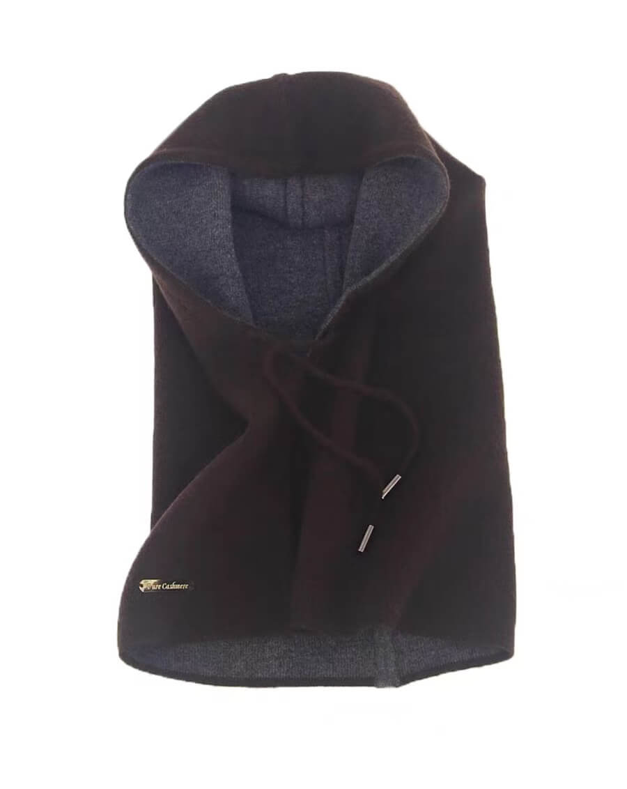 Women's Cashmere Hoodie Reversible Hat in coffee brown and dark grey,Versatile Winter Hood