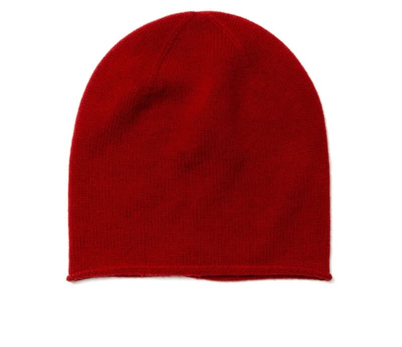 women cashmere red beanie hats in red. Lightweight, luxurious and warm cashmere hat with a beautifully smooth feel and subtle contrasting garter-stitch hem.