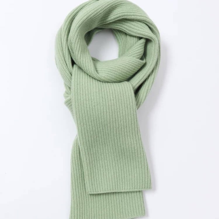 Women's Light mint green 100% pure cashmere ribbed scarf on a white background