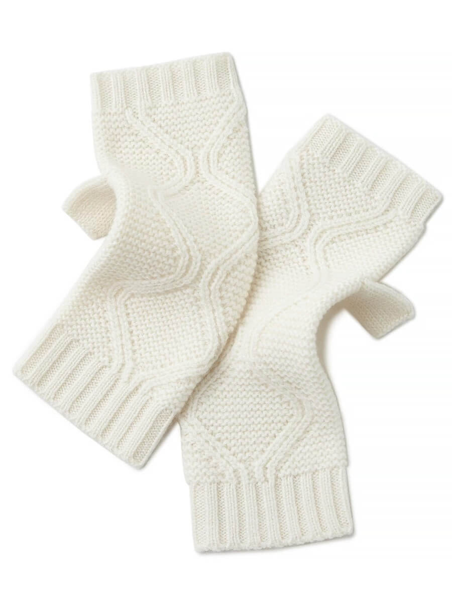 Pair of white knitted arm warmers on a white background