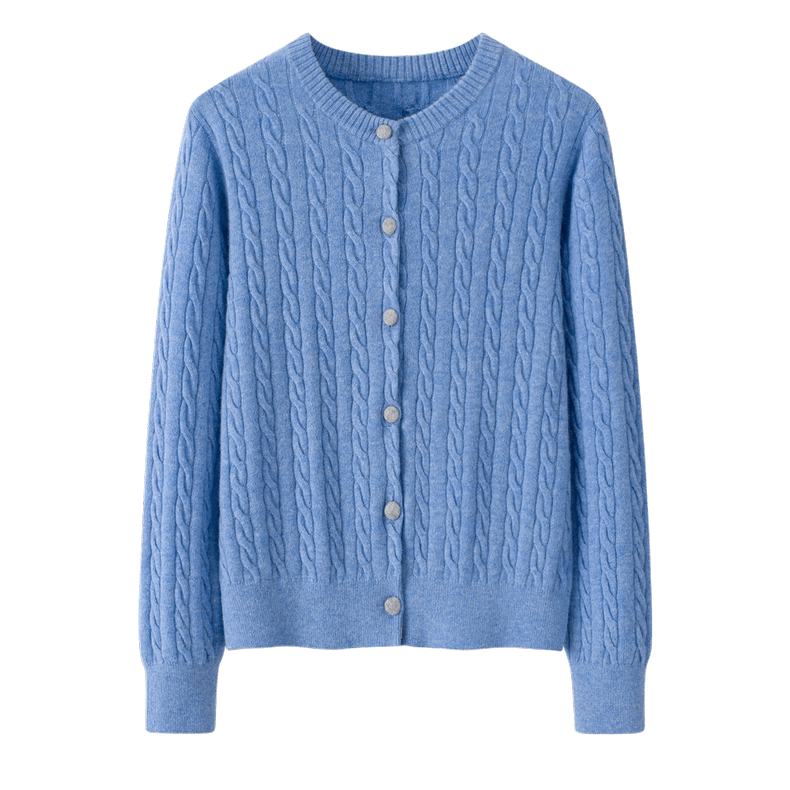 Dreamy Sky Blue 100% Cashmere Cable Knit Cardigan