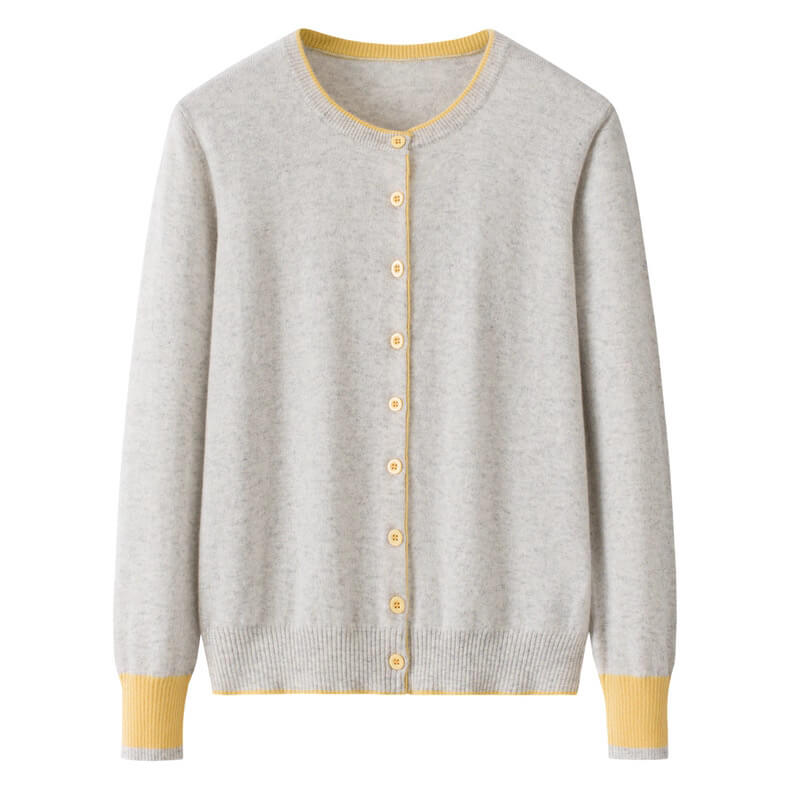 Women's 100% Cashmere Color-Block Cardigan in light grey