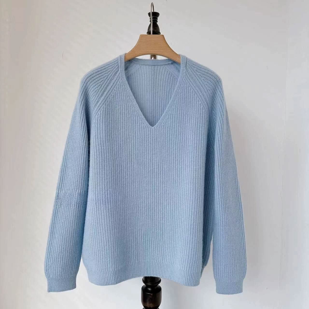 baby blue color women's cashmere V neck sweater