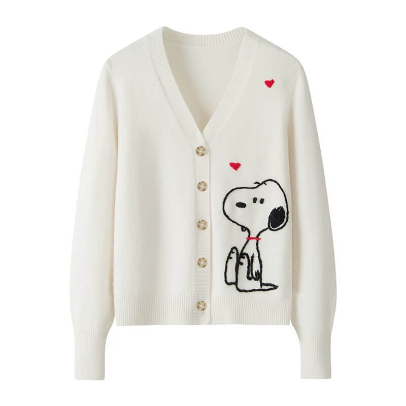 Heavyweight Women’s 100% Cashmere Cardigan with Adorable Puppy Jacquard