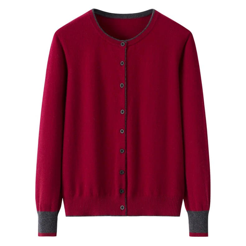 Women's 100% Cashmere Color-Block Cardigan in wine red