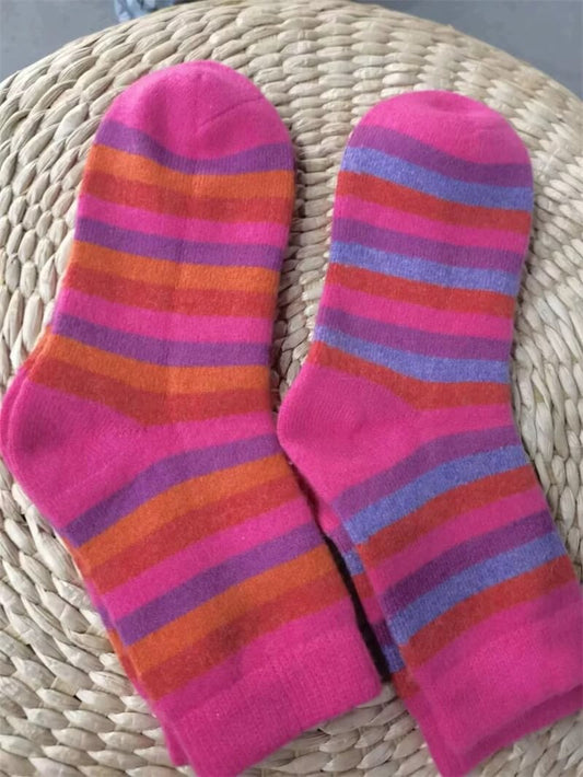 Women’s 100% cashmere colorful striped socks – thick knit and soft texture