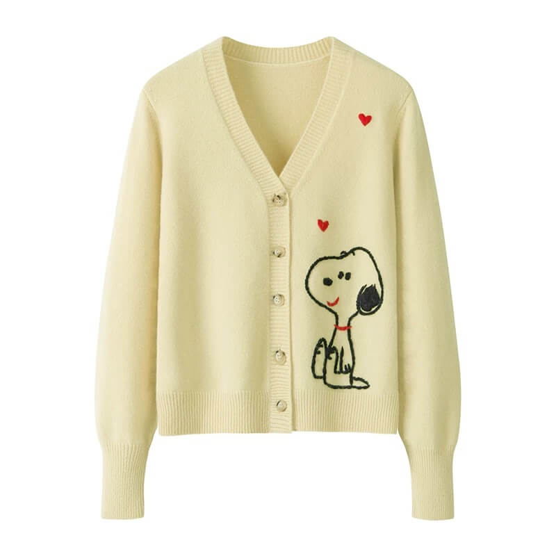 Heavyweight Women’s 100% Cashmere Cardigan with Adorable Puppy Jacquard