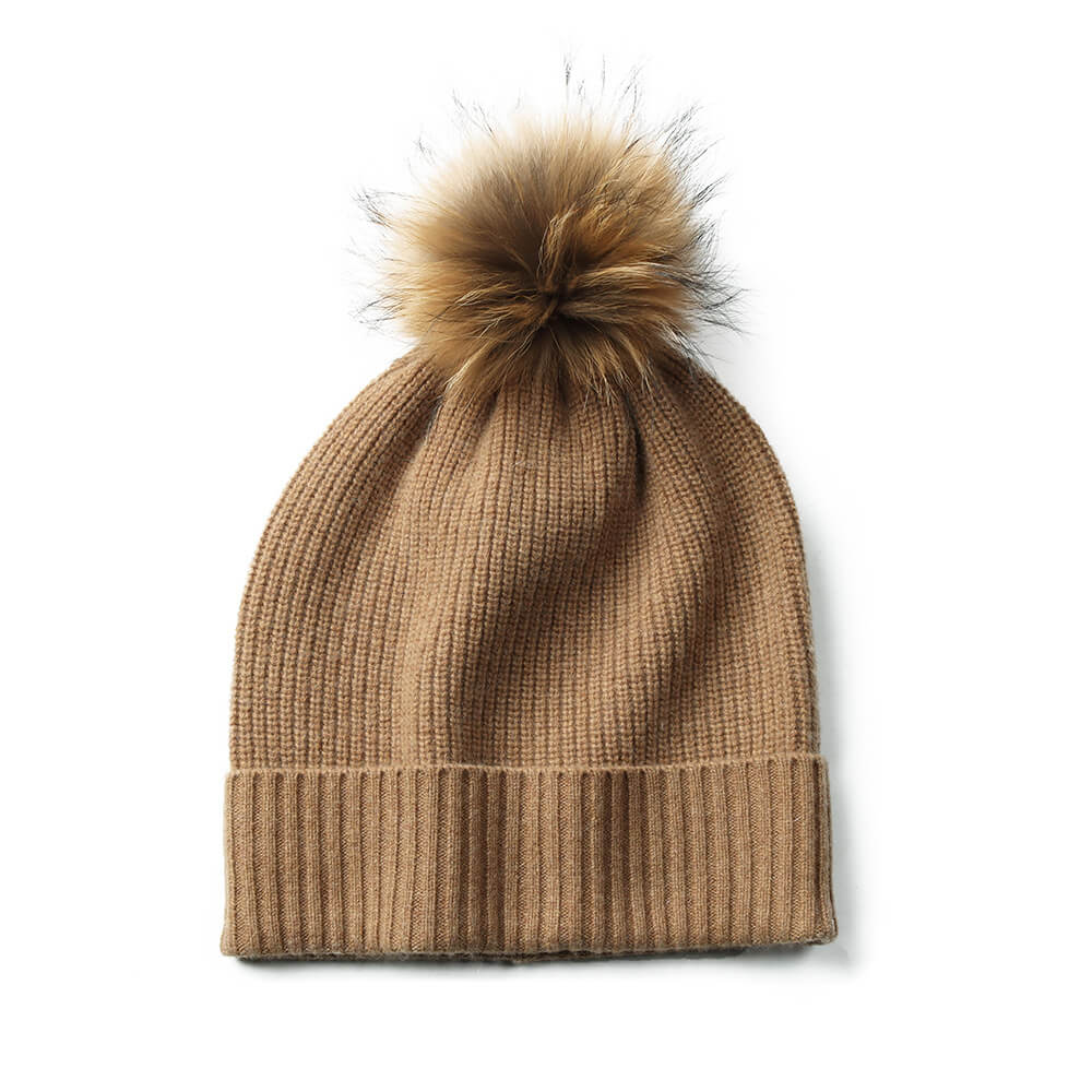 100% Cashmere Women’s Beanie with Detachable Pom-Pom in Toasted Camel