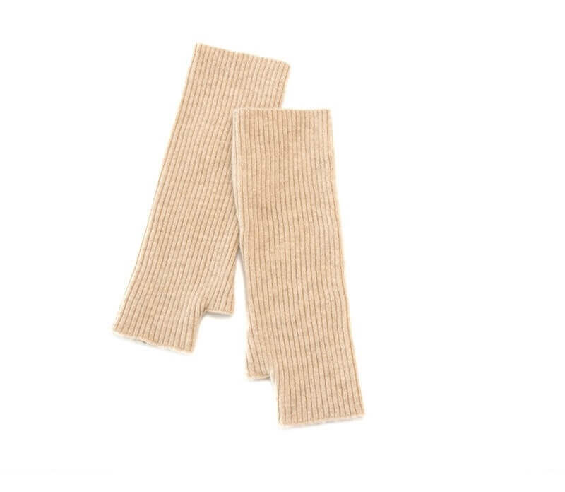 100% Cashmere Fingerless Gloves for Women - Knit Wrist Warmers in beige