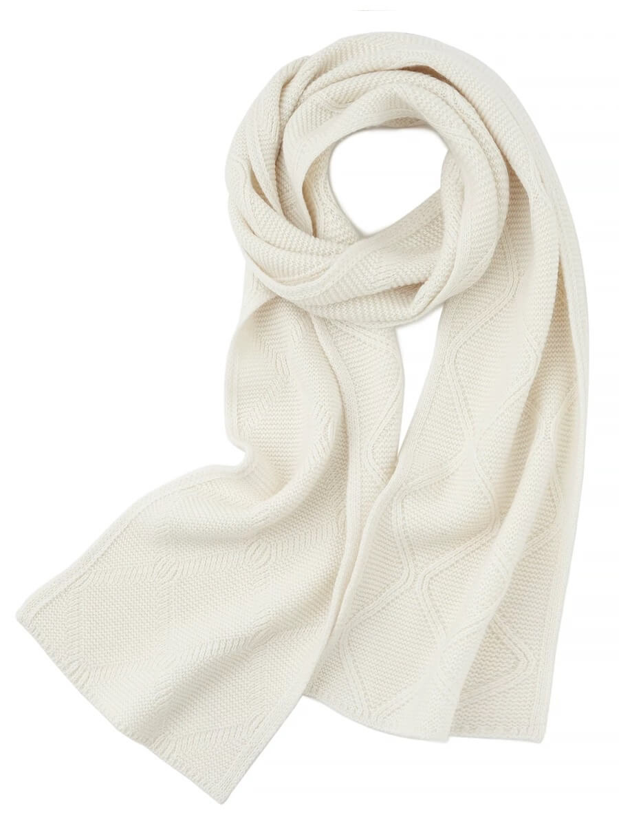 White 100% cashmere scarf on a white background