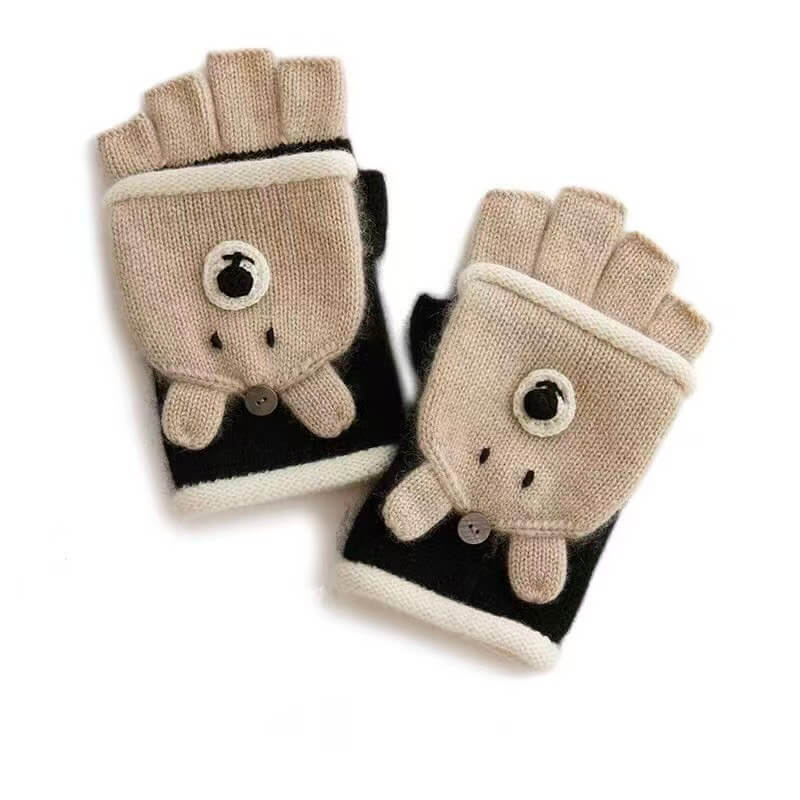 Cute luxury cashmere flip mittens with camel bear cover, premium winter cashmere gloves soft cozy and cold weather ready