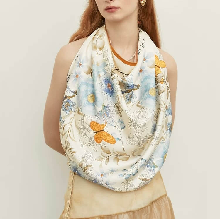 Premium 16 momme silk scarf in blue with butterfly accents,90×90 cm luxury silk scarf with hand-rolled hem