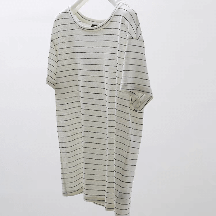 women's crew neck 100% linen T-shirts white with black strips color