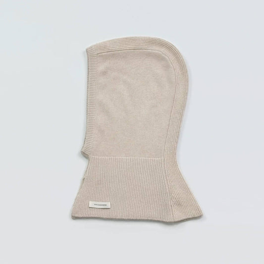 Gray cashmere balaclava with ribbed neck warmer”
“Beige cashmere hood and neck warmer set”