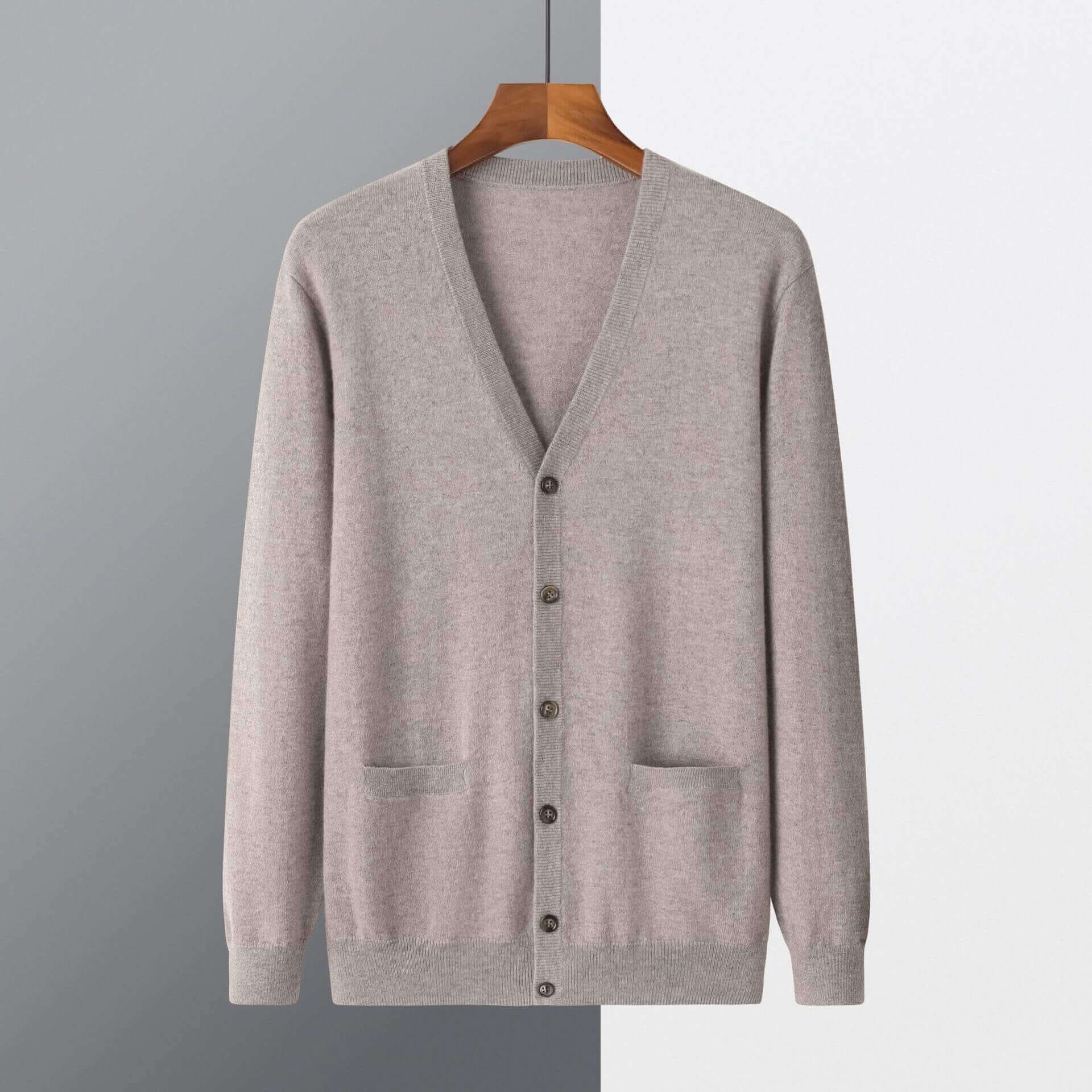 Men’s 100% Cashmere V-Neck Cardigan – Classic Style with Front Pockets in camel color